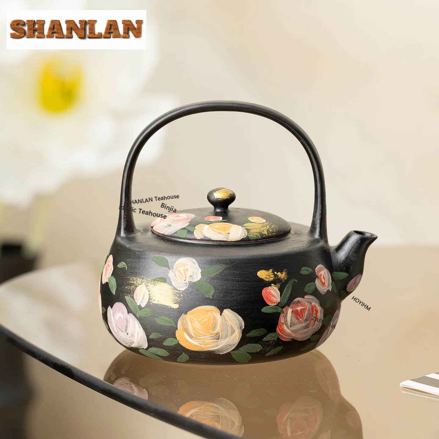 

Чайник из черной керамики 300 мл с розовым золотым декором, креативный заварочный чайник, домашний чайник для заваривания чая с фильтром, набор для чаепития, декоративные элементы