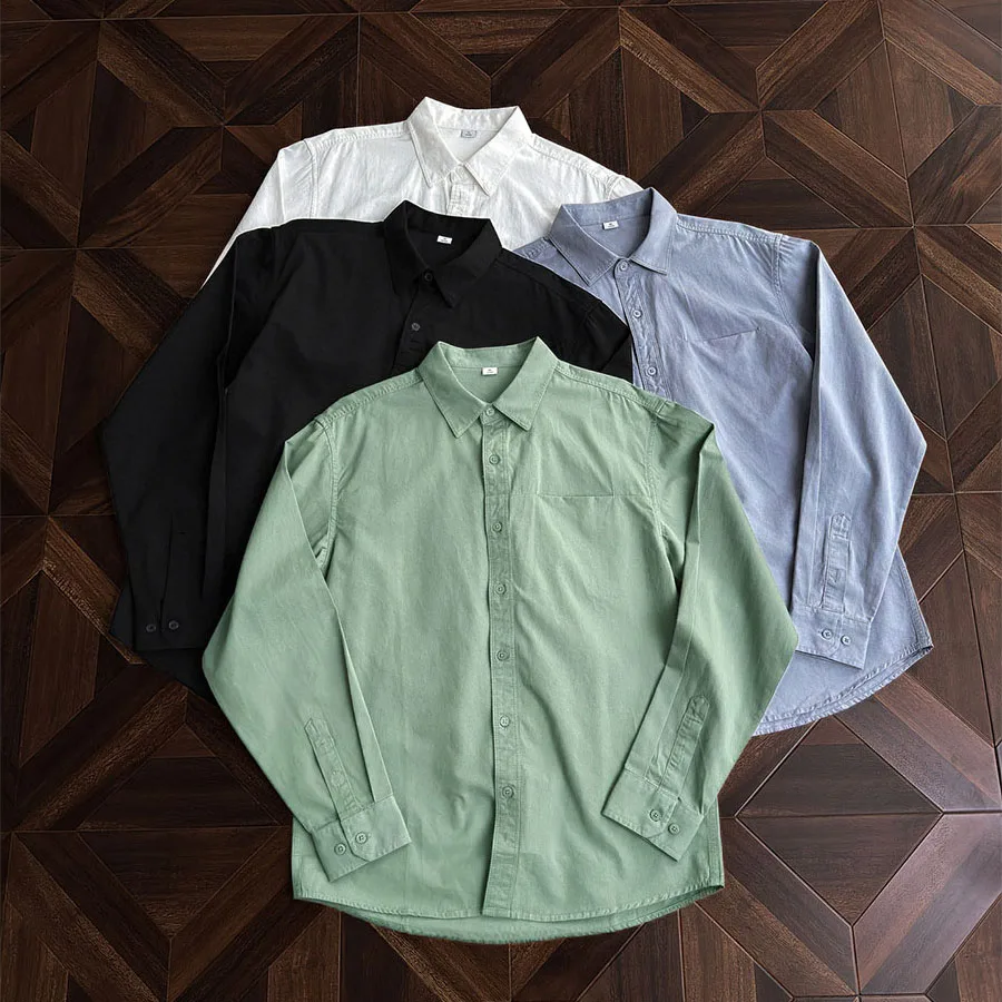 

Men's Simple Solid Color Shirt Spring Autumn Lapel Long Sleeved Shirts Korean Casual Fashion Male Commute Blouse