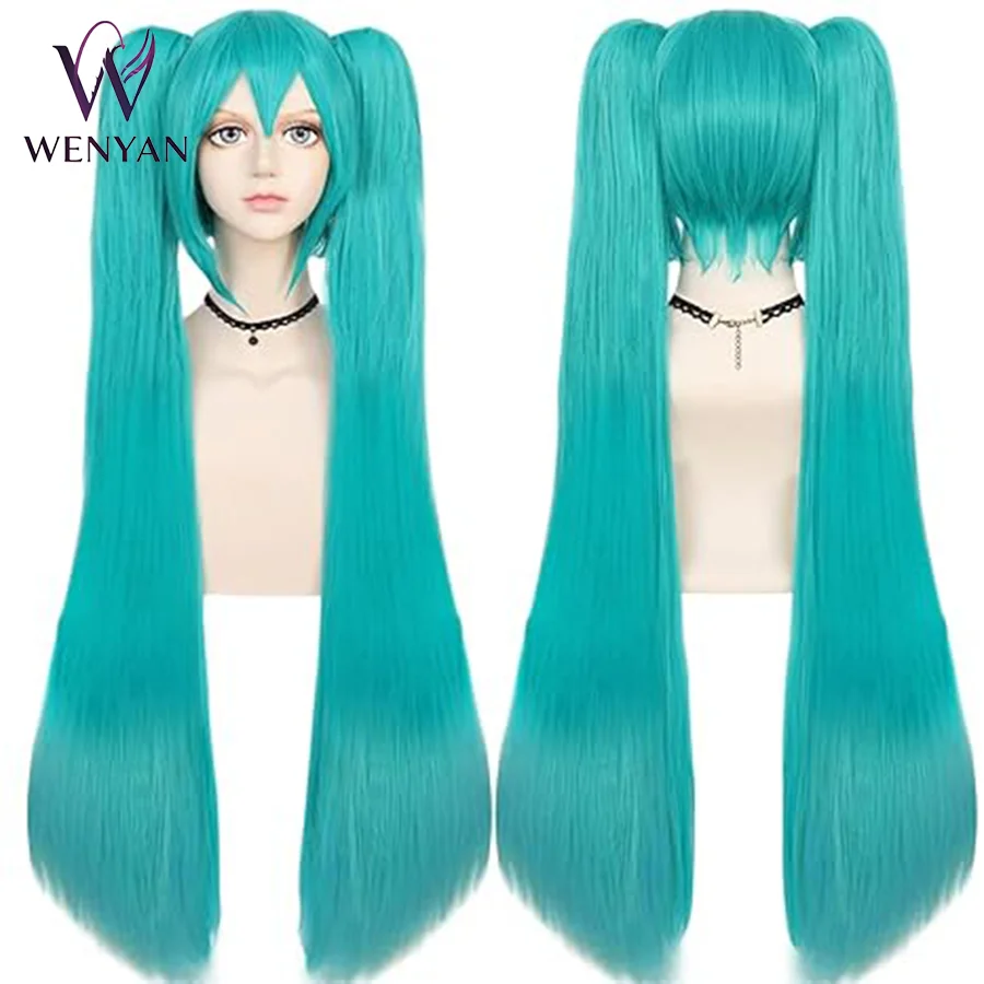 28 Inch Long Green Wig with Bangs for Women with Two Detachable Ponytails + Wig Cap Long Straight Synthetic Green