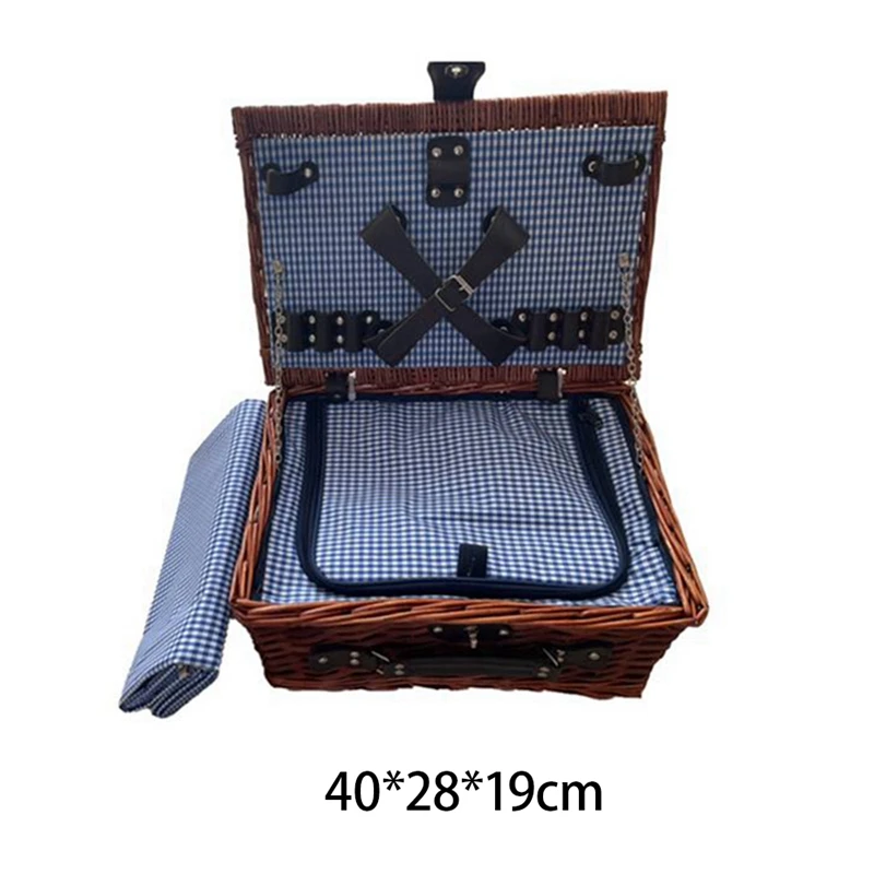 Suitable For 4 People Wicker Outdoor Camping Lunch Box Set Ice Bag Insulation Portable Shopping Bag (Blue)