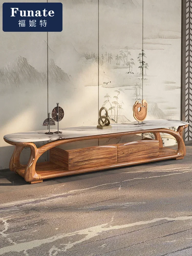 

New Chinese Style Ugyen Wood Marble Retractable TV Floor Cabinet