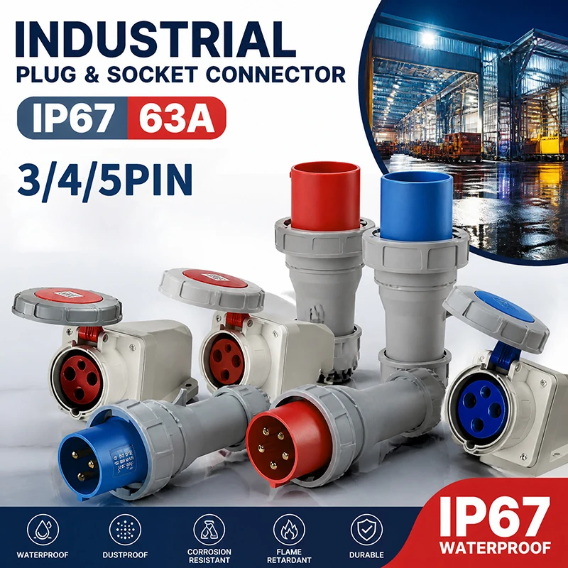 IP67 63A Industrial Plug Socket Set 3/4/5 Pin 220V-415V CEE Standard, Male & Female with Pure Copper Contacts, Surface or Flush