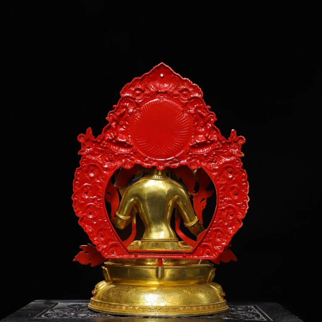 Old Bronze Mosaic Gem Gilded Painted Face Head backlight White Tara Standing Buddha Double Lotus Terrace Amitabha Study screen
