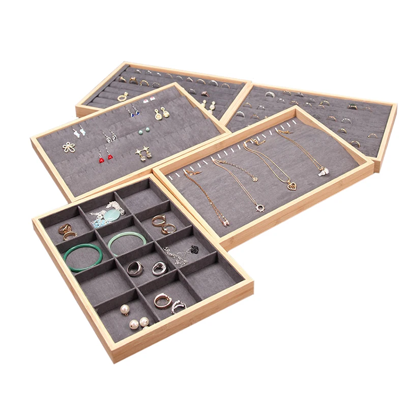 Bamboo Dark Gray Velvet Jewelry Rings Pendant Necklace Earring Bracelet Storage Tray Organizer Holder Showcase For Drawer