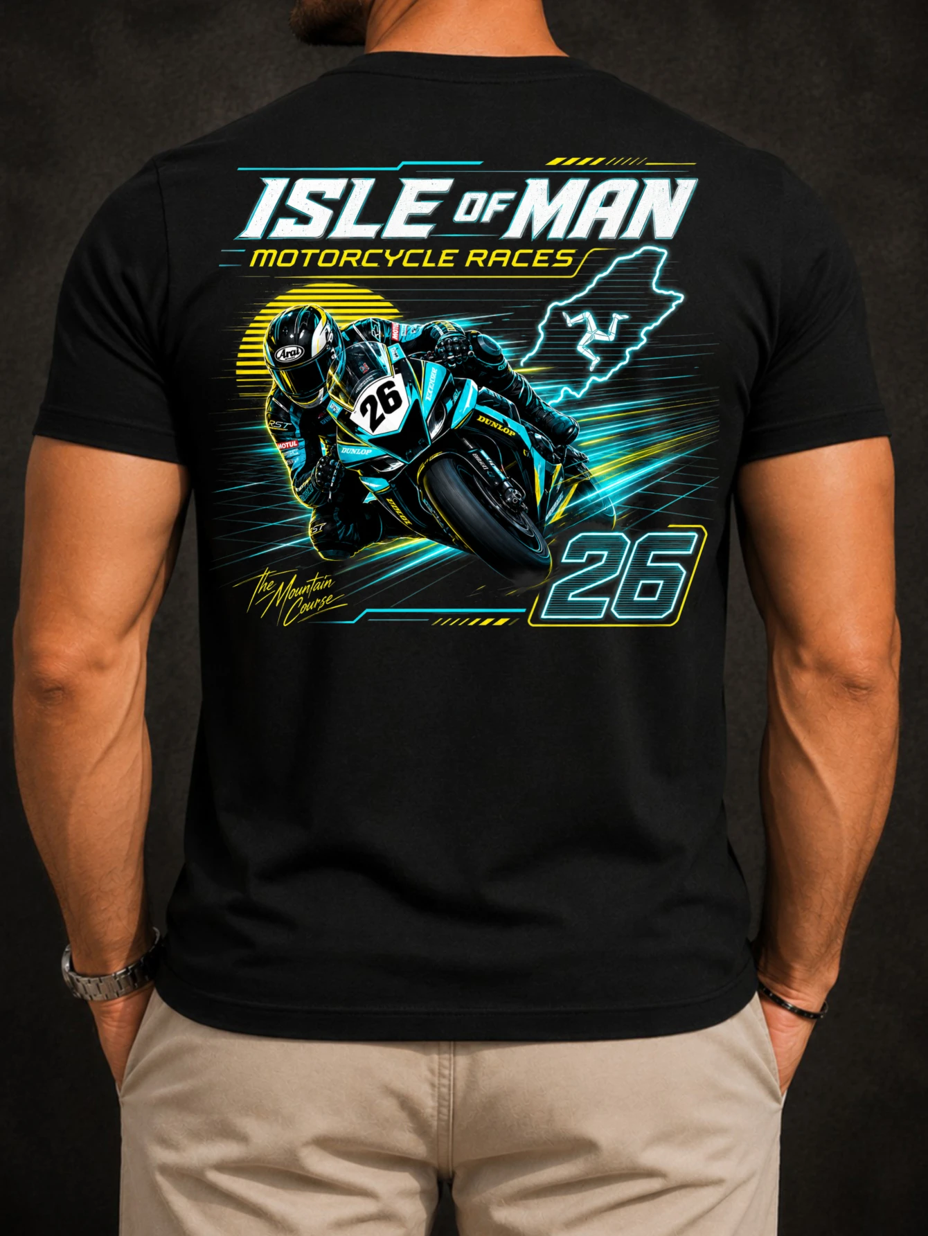 Isle Of Man Motorcycle Races 26 Tee neon motorcycle rider island route and racing number graphics  Unisex All T-Shirt