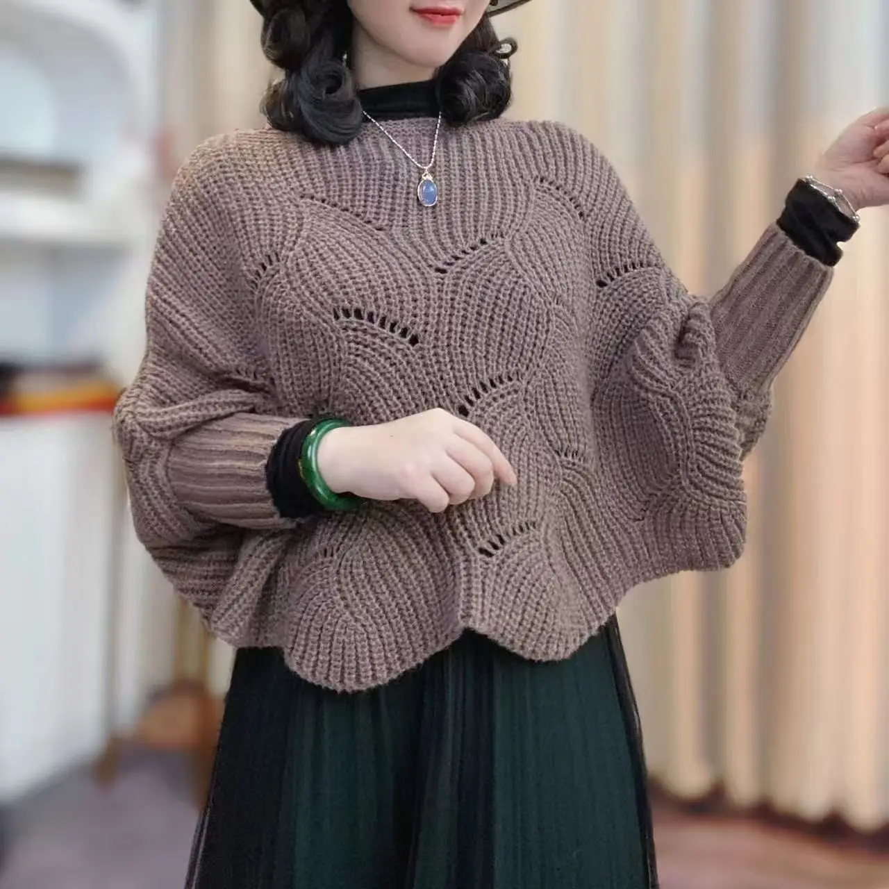 Otoño Invierno suéter de punto mujer pulóver Casual suelto manga larga Top hueco