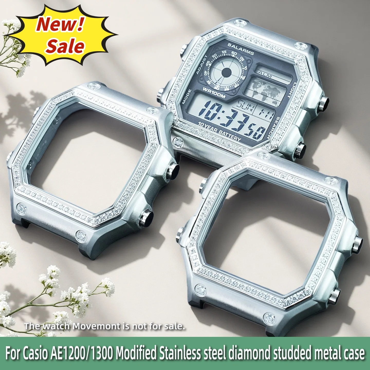 For Casio 3299 AE-1200WH WS1600 Watch Case Modified AE1200 AE1300 Stainless Steel Metal Shell Silver Diamond Studded Metal Case