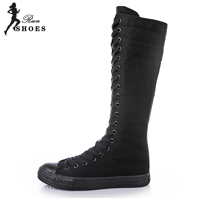 Korean Style Flat Boots Fashion Slim Casual High-top Plus Size 42 43 Canvas Ladies Dance Shoes Zipper Women Long Knee-High Boots