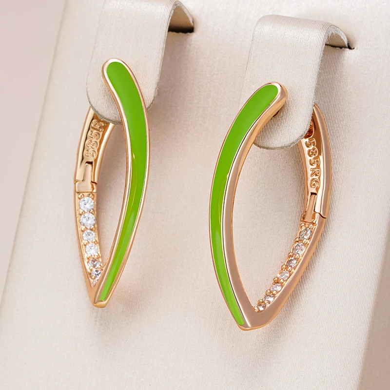 Kinel Hot Fashion 585 Rose Gold Color Green Enamel Drop Earrings For Women Girl Wedding Party Natural Zircon Eardrop Jewelry