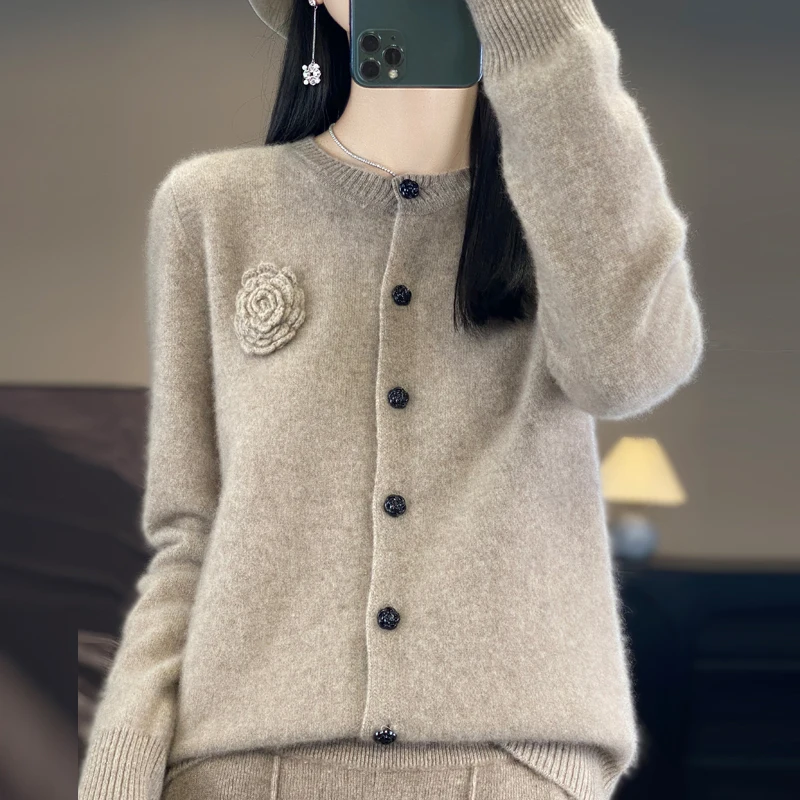 Long-sleeved 100% merino wool sweater cashmere cardigan autumn and winter women\'s O-neck sweater top fashion basic top 105