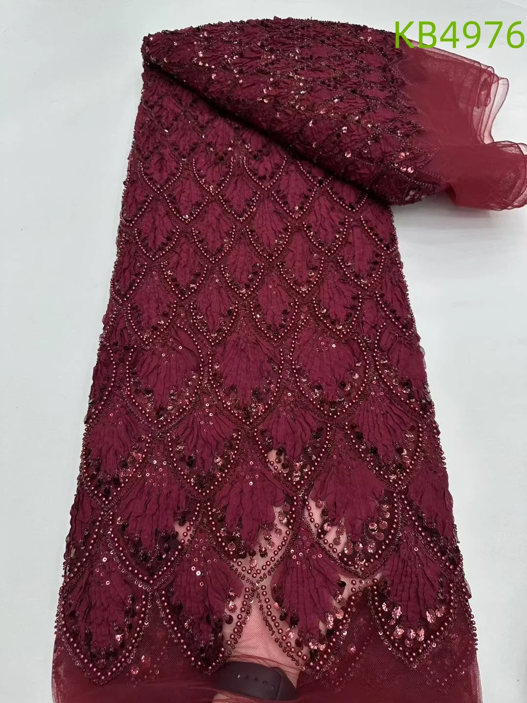 

Red Beaded Embroidery Lace Fabrics African Lace Fabric 5 Yards High Quality 2025 Sequence French Mesh Lace For Sewing KB5046