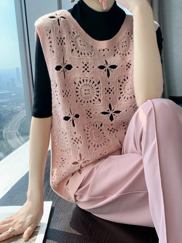 

Handmade 00 Wool Knitted Hollow out Vest Women's round Ne Svel Versatile Item Commute Sle Loose Fit Regular Thin