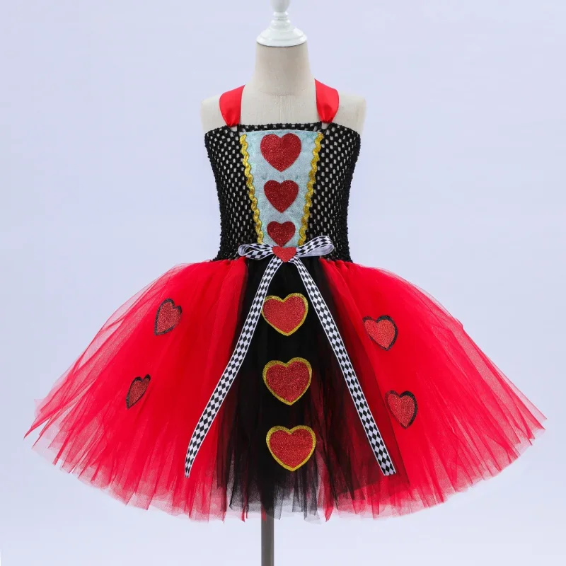 Girls Queen of Hearts Costume Kids Halloween Dress up Fancy Tutu Dress with Crown Classic Wonderland Red Queen Gown Clothes