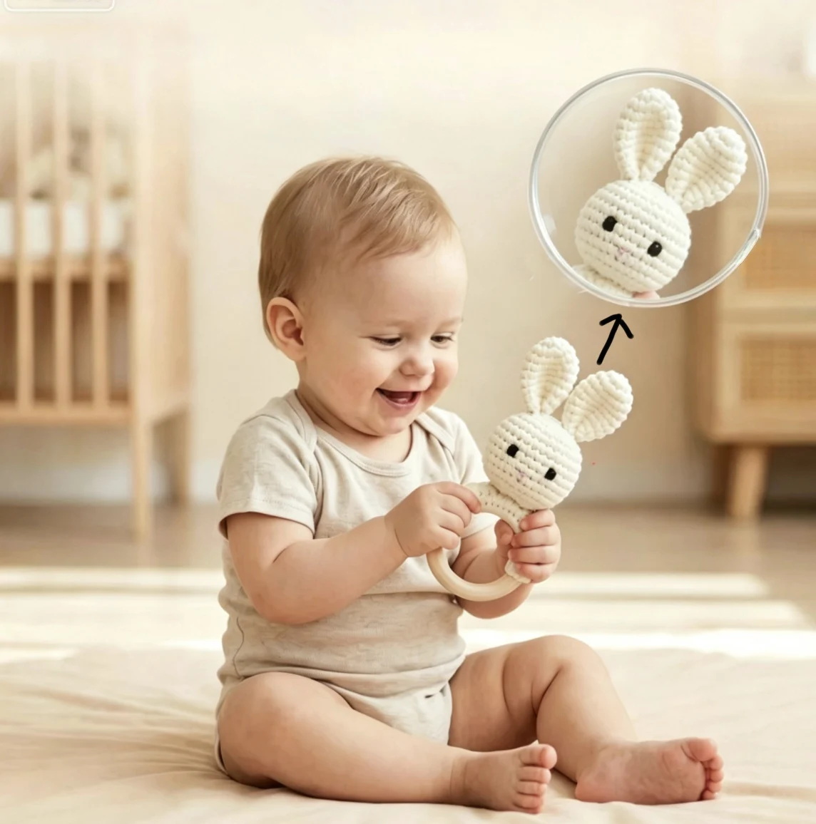 Crochet Cute Bunny Hand Rattle Baby Soothing Doll Newborn Gift Handmade Plush Toy Infant Sleep Aid Nursery Decor Safe Teething
