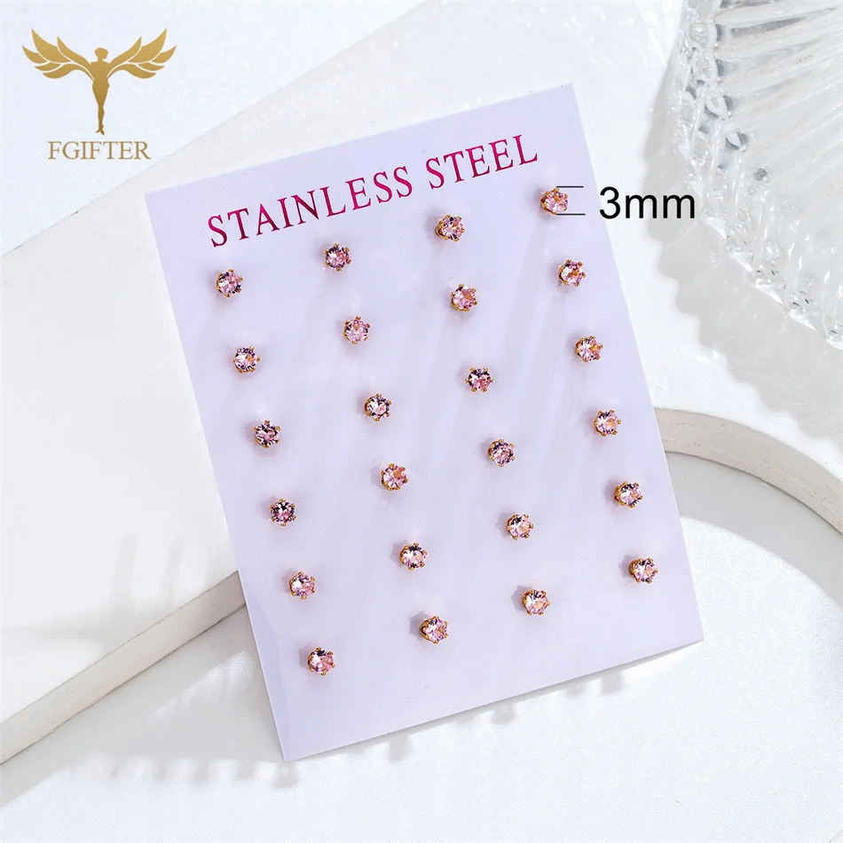 12 Pairs Lot 3mm Pink Zircon Earrings Set Women Small Crystal Stud Earings Gold Color Stainless Steel Jewelry Accessories Gifts