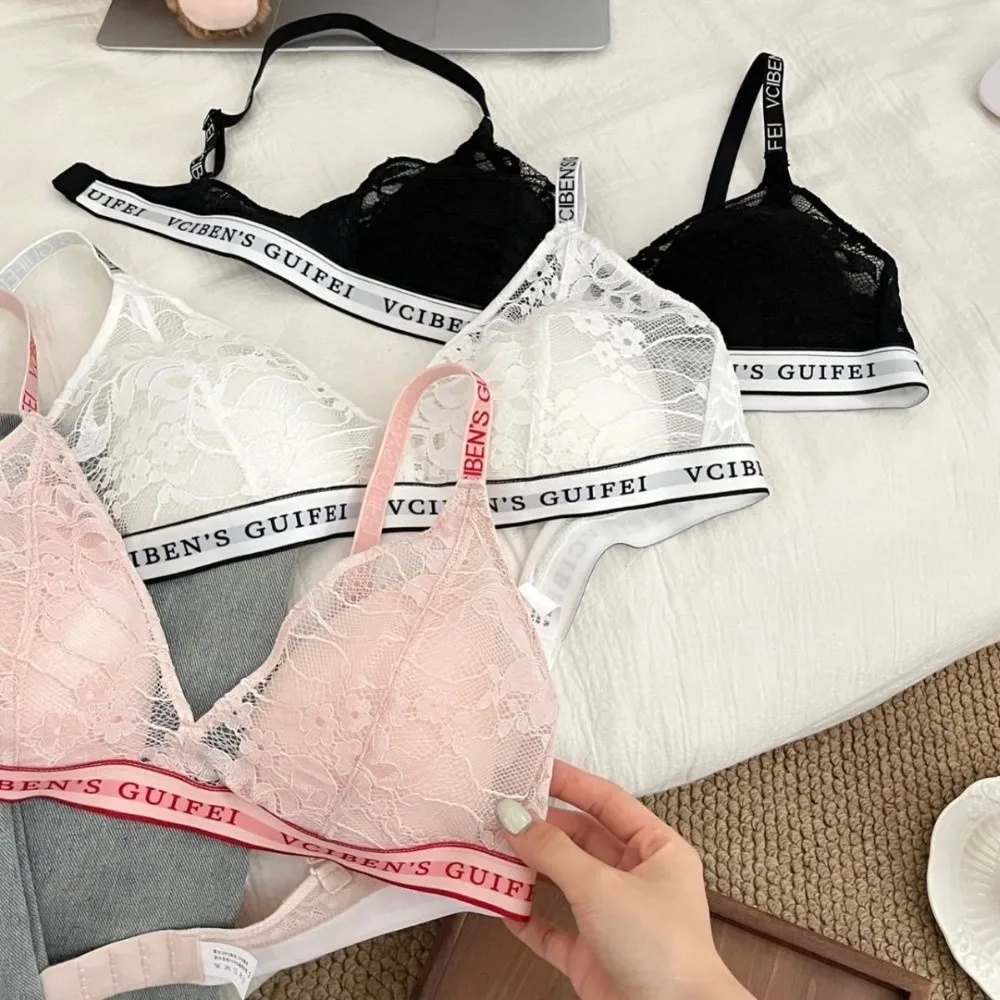 Fashion Letter Design Lingerie Set Deep V Wireless Women Underwear Suit Color Blocking Lace Bra Panties Set Girl