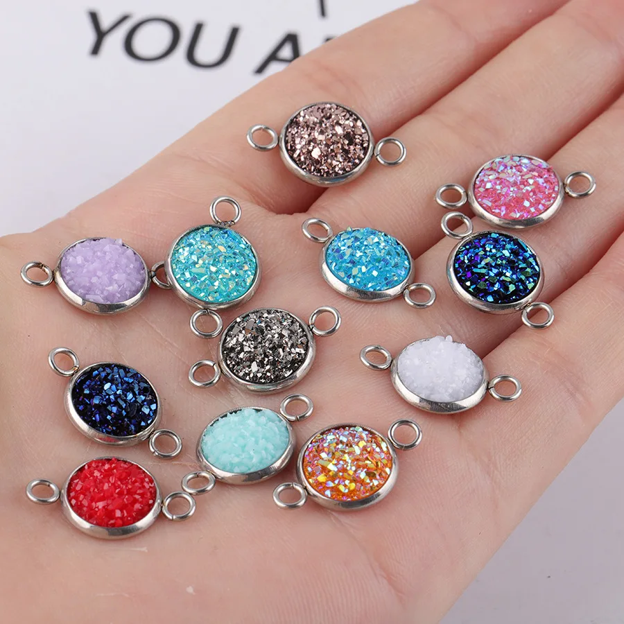 20Pcs/Lot 10mm Stainless Steel Resin Glitter Faux Druzy Charms Connector Colorful DIY Handmade Druzy Crystal Pendant