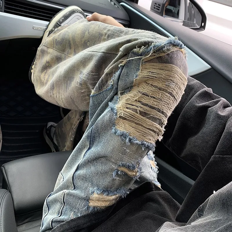 

Джинсы-клеш из денима с камуфляжным пэчворком в стиле ретро, прямые, с рваными элементами и потертостями, узкие, длинные, для мужчин...