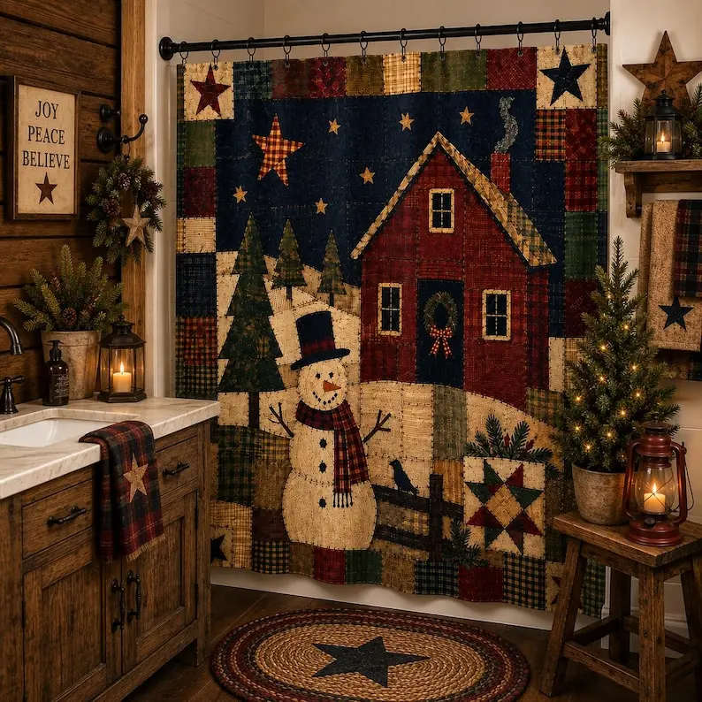 Primitive Snowman Winter Cabin Shower Curtain |   Rustic Folk Art Stars