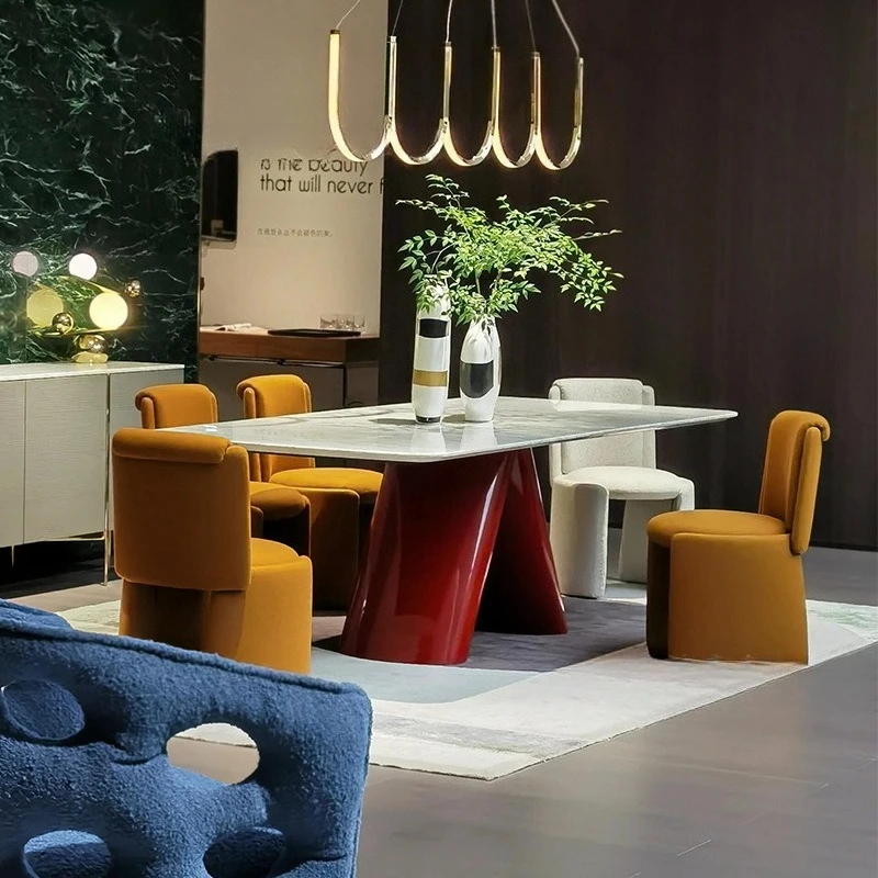 

Marble Dining Table Stainless Steel Red High Gloss Painted Modern Rectangular Home Dining Dining Table