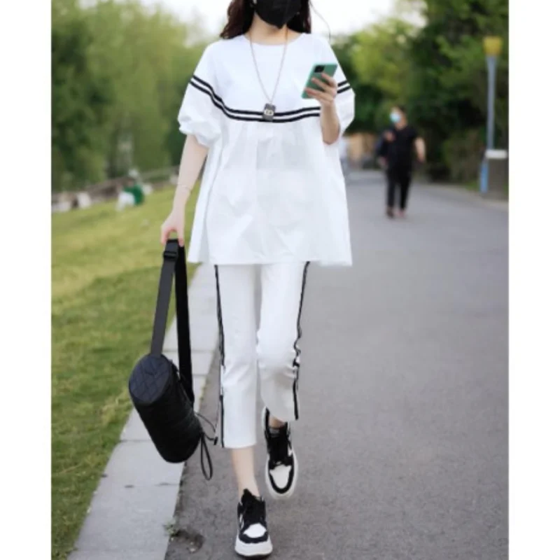 

Minimalist Korean 2024 Summer New Crew Neck Striped Casual All-match Sweatshirts Fashion Loose Half Sleeve Elastic Pants Set