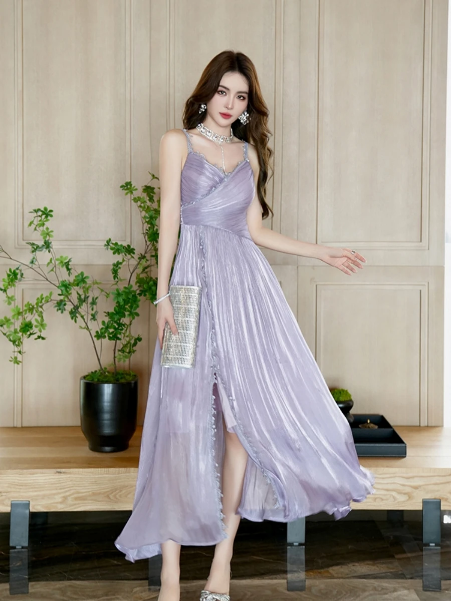 

Летнее длинное платье Ele, фиолетовое, без бретелек, для пляжного отдыха, из полиэфирного волокна, с А-образной юбкой, для повседневной носки, с глубоким V-образным вырезом