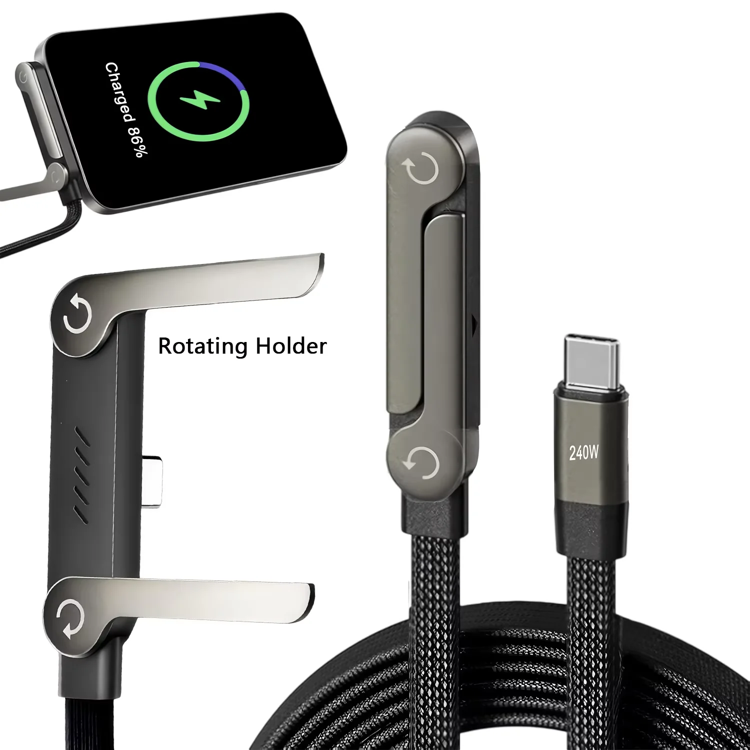 2-in-1 Typ-C-Kabel mit faltbarem Telefonhalter, 240W schnelles Lade- und Datenkabel, multifunktionale PD-Ladehalterung für iPhone 17, 16, Samsung