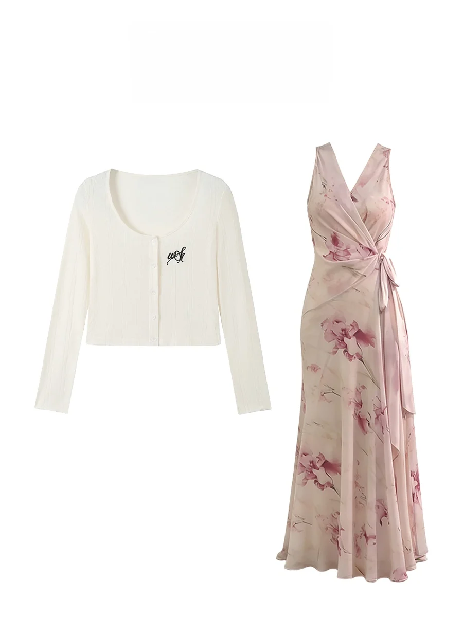 

Parkyeon Elegant Small Fragrance Style Open Cardigan Sun Protection Top V-neck Sleeveless Floral Dress Spring Summer Set