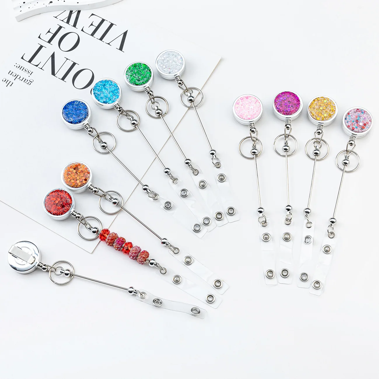 11Pcs Glitter Sequin ID Badge Holder with DIY Beaded Lanyard & Retractable Clip for Work Cards