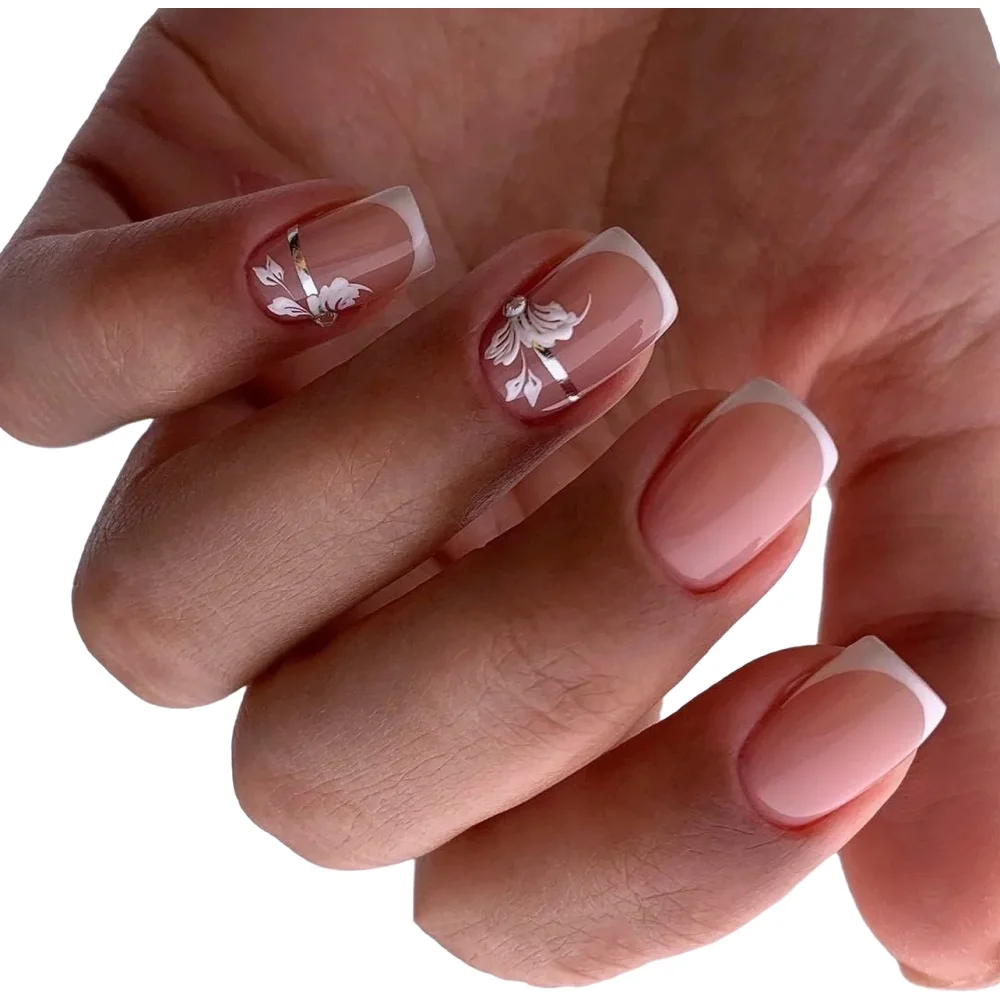 24 faux ongles blancs à bordure française, printemps/été, motif floral blanc, ongles à presser courts carrés, couverture complète, pointe d'ongle pour femmes et filles