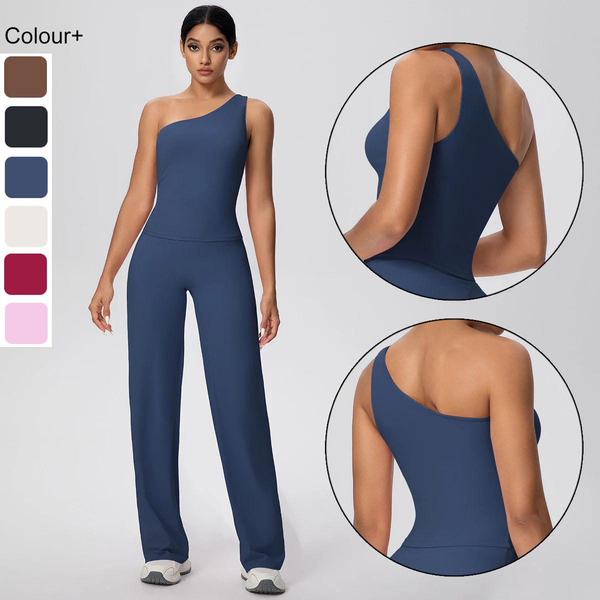 Woman Sports Yoga Set Solid Color Slant Shoulder Yoga Vest With Chest Pad Workout Top Summer Quick Drying Pencil Pants Yoga Set