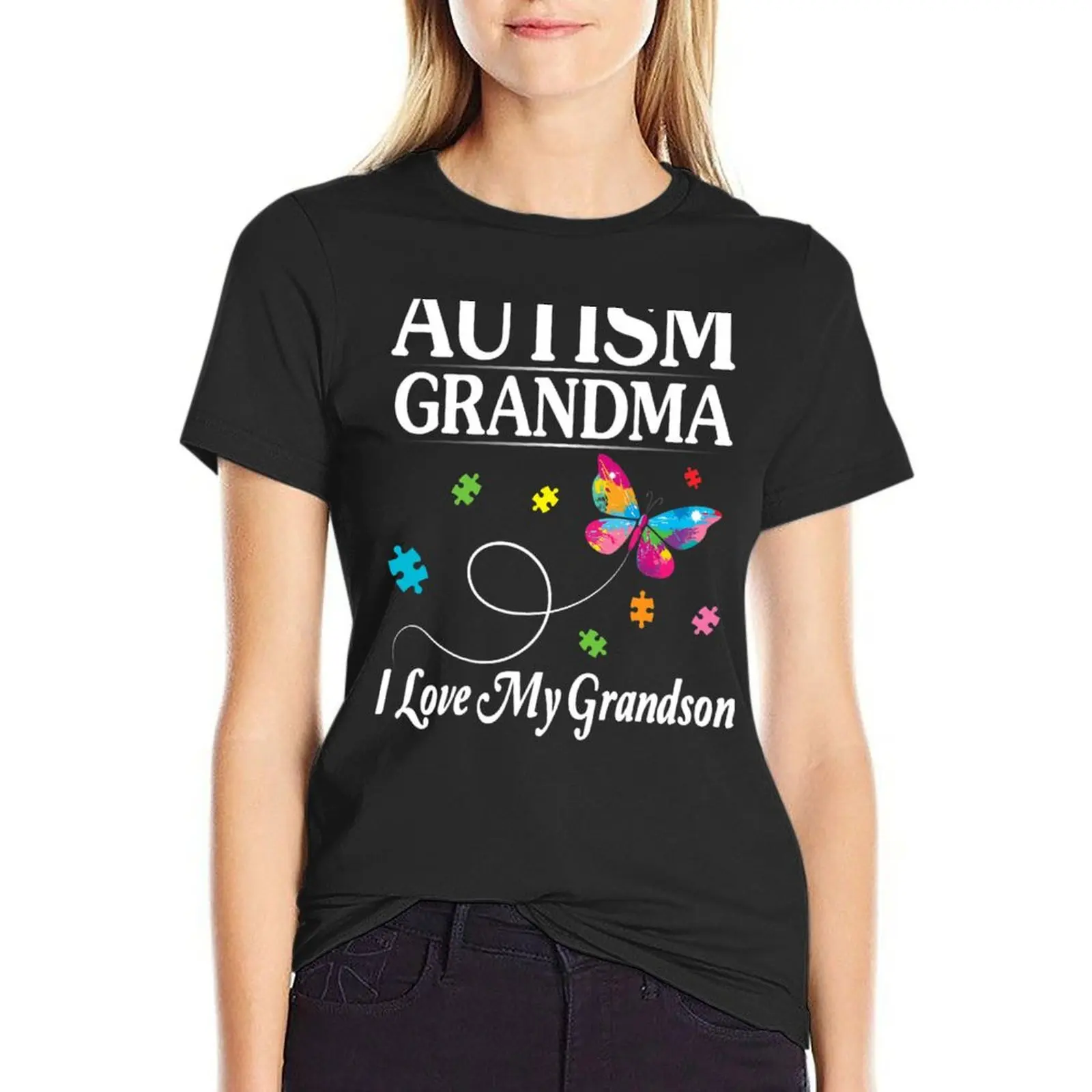 Butterfly Autism Grandma I Love My Grandson Awareness T-Shirt summer top Blouse shirts graphic tees summer clothes Women's tops