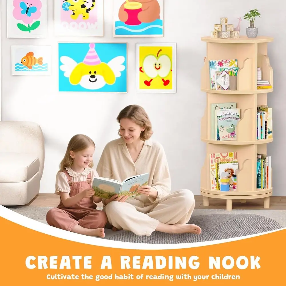 برج رف كتب دوار للأطفال، منظم كتب خشبي دوار 360 درجة مكون من 3 طبقات للأطفال الصغار، خزانة كتب دوارة مستديرة من مونتيسوري #4
