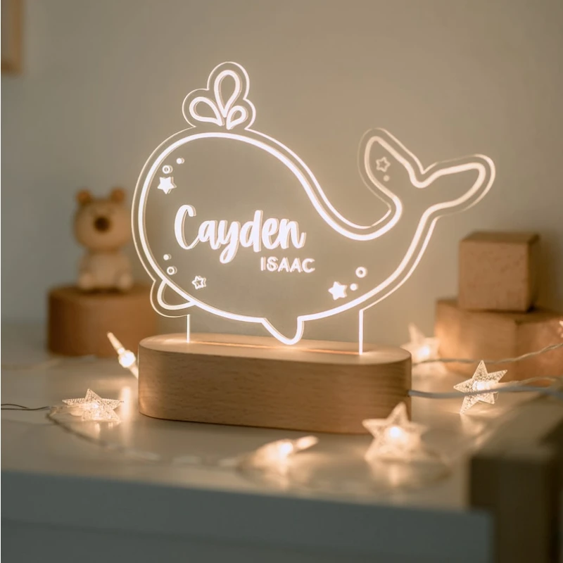 Luz de noche acrílica personalizada para niños, dinosaurio, ballena, nombre personalizado, guardería, regalos de cumpleaños, luz nocturna, dormitorio para niños, Base de madera USB