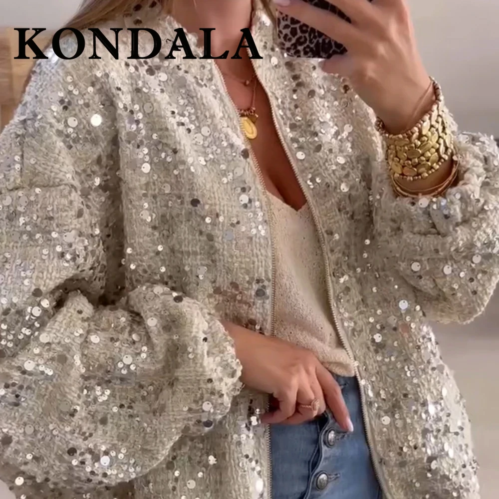 KONDALA Chic 2025 Autumn Vintage Streetwear Casual Sequin Woman Jackets Zipper Party Loose O-Neck Fashion Female Casual Outwear