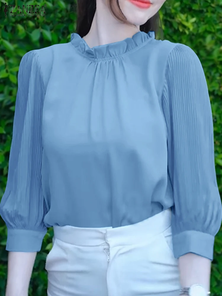 ZANZEA Women Elegant Blouses 2025 Autumn 3/4 Puff Sleeve Pleated Fashion Tops Casual Stylish Shirts Ruffled Solid Color Blusas