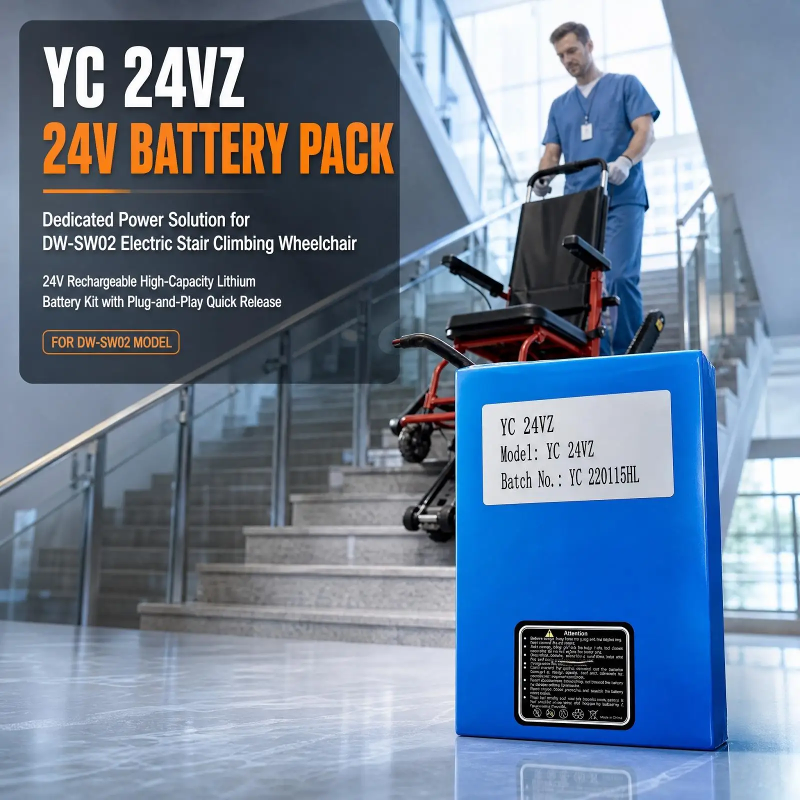 YC 24VZ 24V 13000mAh Rechargeable Battery and Charger Kit Compatible with DW-SW02 Electric Stair Climbing Wheelchair