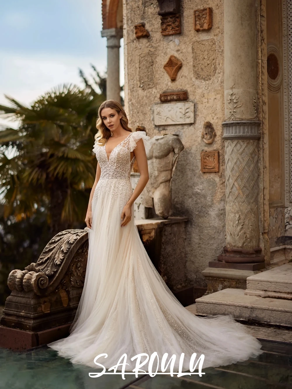 

Beaded A Line Sheer Wedding Dress, Dreamy V Neck Low Back Bridal Gown, Customized Floor-length Stunning Modern Bride Dresses