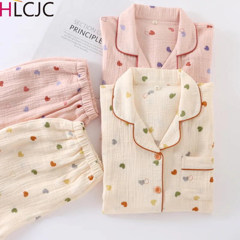 100% Cotton Gauze Summer Women Pajamas Love Print Sleepwear 2024 Spring Female 2 Piece Set Nightwear Lady Pyjamas Loungewear