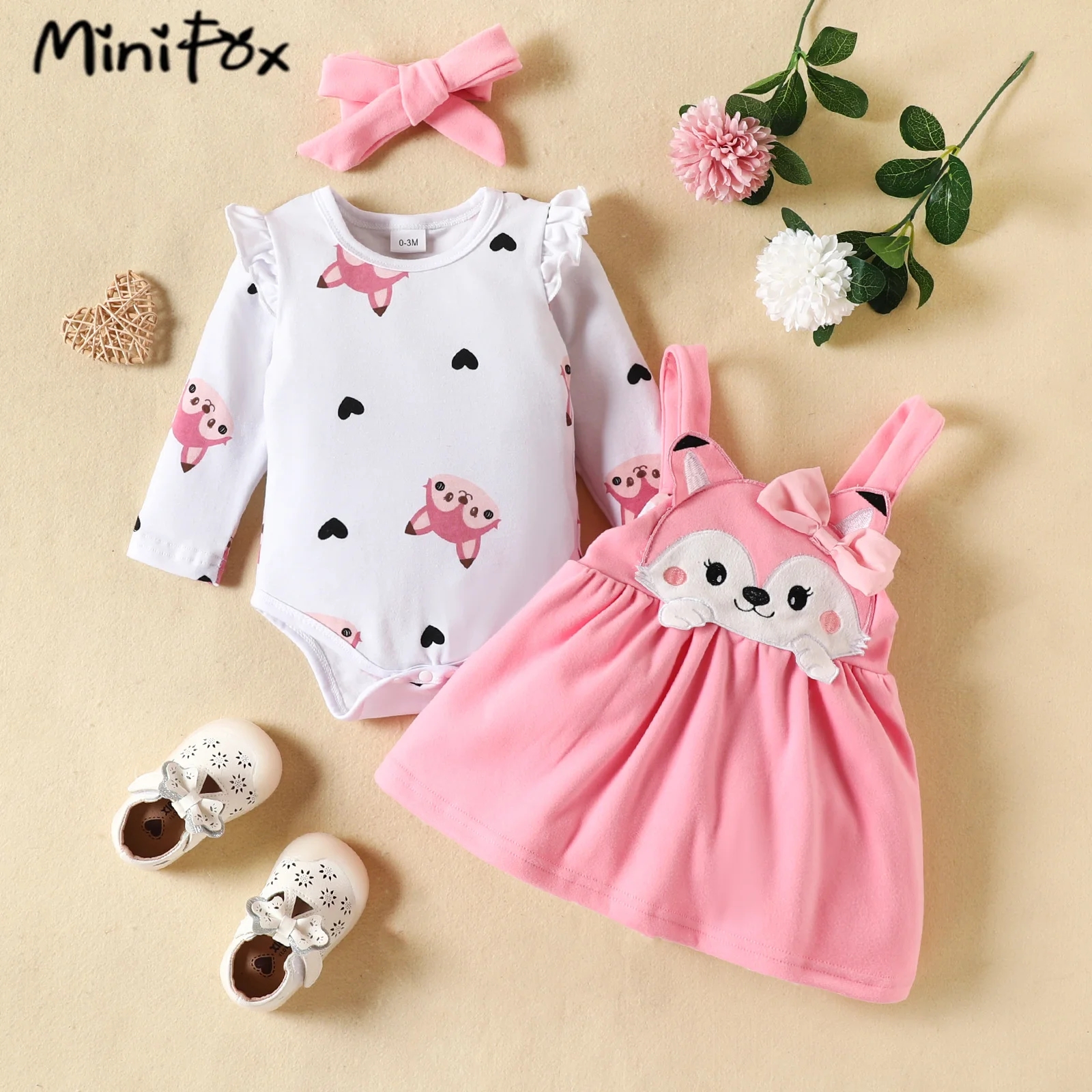 MiniFox Spring Cartoon Baby Dresses White Heart Bodysuit and Cute Fox Dress For Girls Infants Kids Baby Clothes Outfit Sets