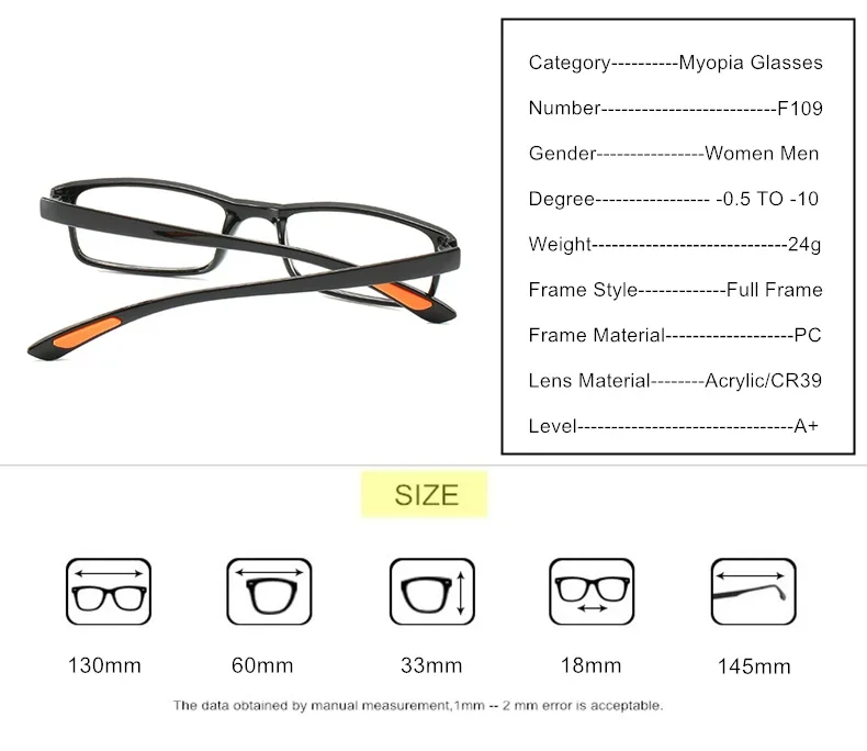 Myopie-Brille, verschreibungspflichtig, Sphäre -0,5 bis -10, für Damen und Herren, kurzsichtige Brille, verfärbtes oder blaues Licht, blockiert Astigmatismus, anpassbar, F109 – Detail 12