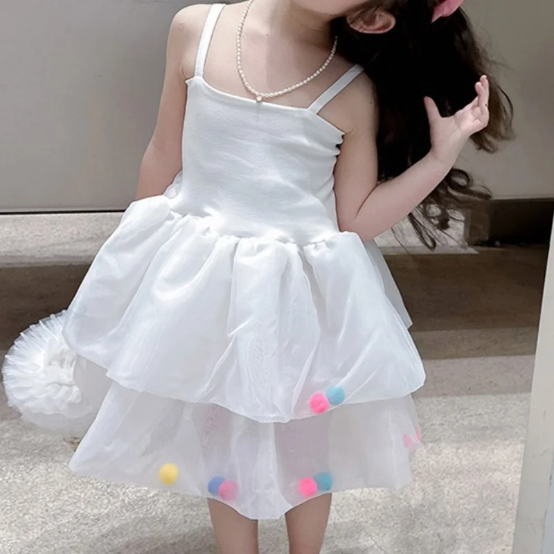 Girls' Sweet Princess Party Dress Girl Suspender Fluffy Dress  Korean Style Summer Dress Skin-friendly Breathable Solid Color