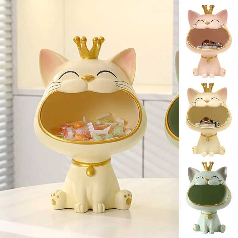 

Cute Cats Figurine Big Mouth Cats Storage Box Cartoon Resin Cat Sculpture Key Chocolates Candy Storage Basket Home Office Decor
