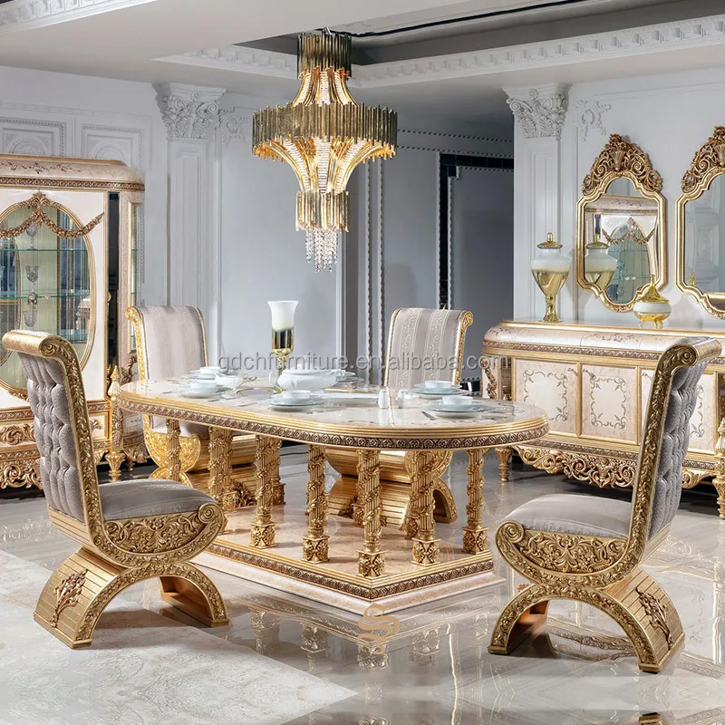 Regal Luxury Ivory Gold Dining Set With Bespoke Artistic Details and Shabby Chic Elegance for High-end Estate Dining Hall