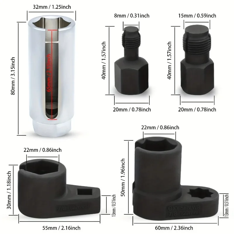 NewShark 5 Pcs Automotive O2 Oxygen Sensor Socket Offset Wrench Remover Tool and Thread Chaser Tool, and the Red Storage Box