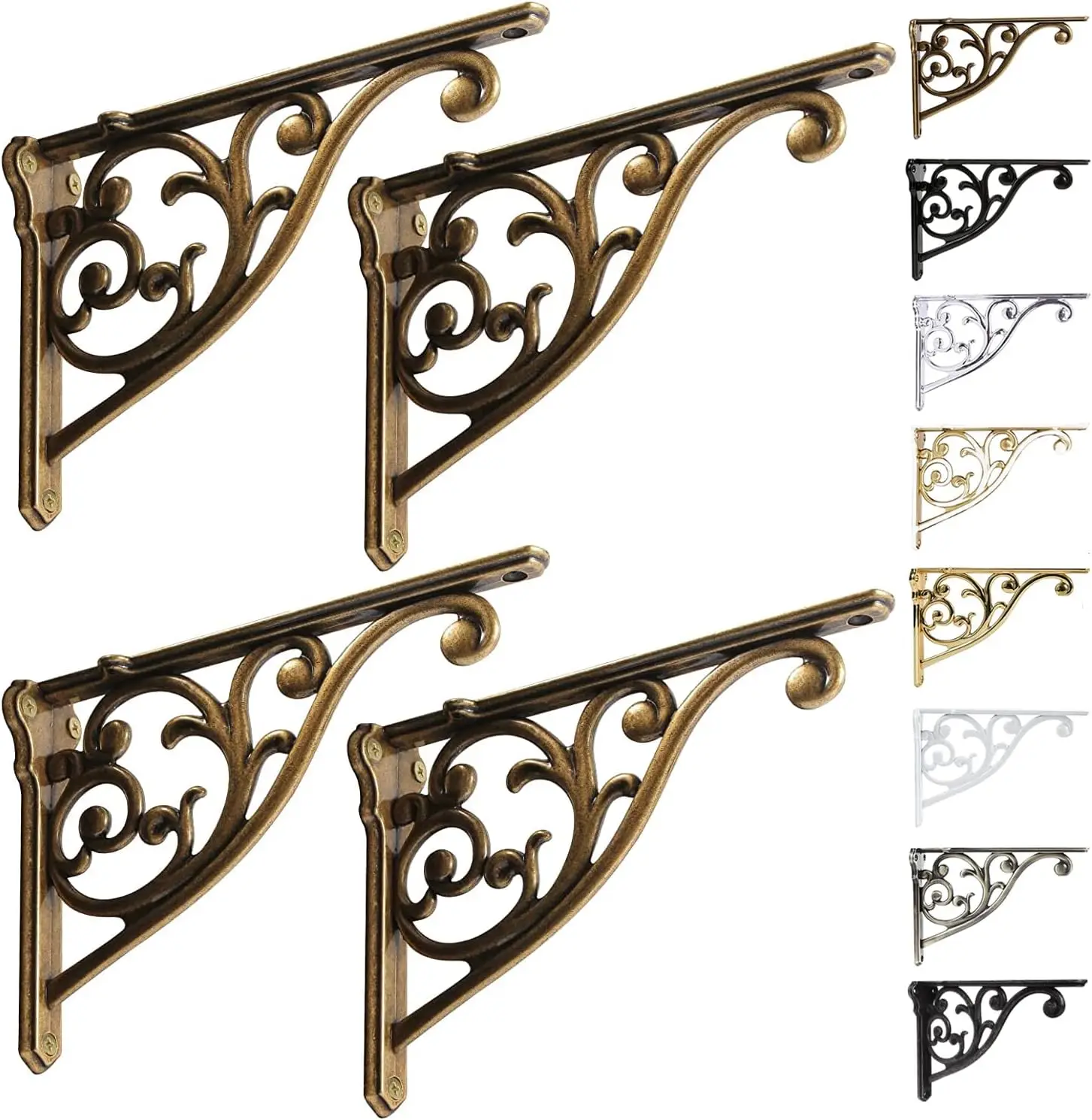 

8 Inch Heavy Duty Antique Brass Shelf Brackets, 4 Pack Victorian Style Wall Bracket for Kitchen Shelves
