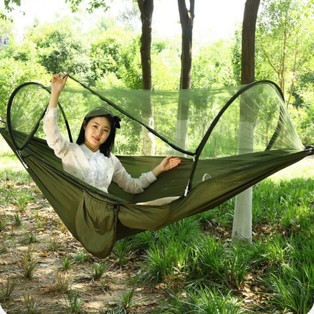 Portable Camping Hammock with Mosquito Net 260×140cm Outdoor Hanging Bed Swing with Carabiners Tree Straps for Hiking Travel