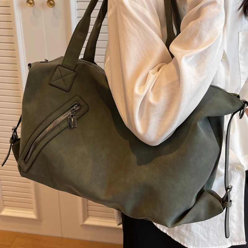 Green Suede Shoulder Bag for Women Vintage Large Nubuck Leather Lovers\' Travel Crossbody Bags Female Serviceable Boston Handbag