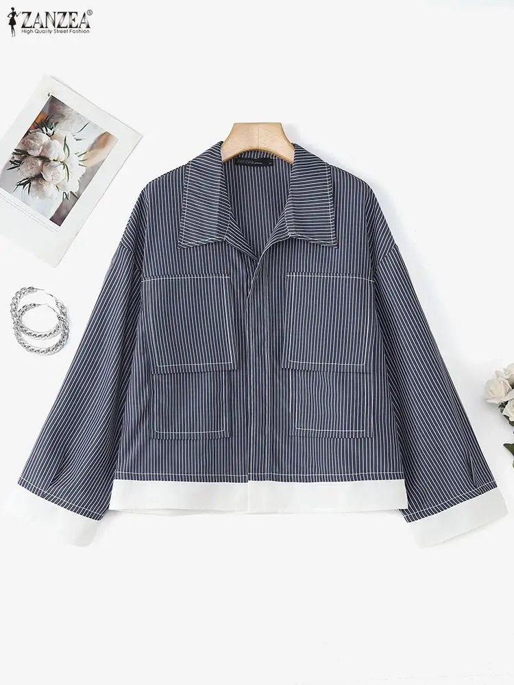 ZANZEA Women Korean Autumn Shirts 2025 Long Sleeve Striped Patchwork Blouse Fashion Tops Tunic Pockets Office Blusas Femininas