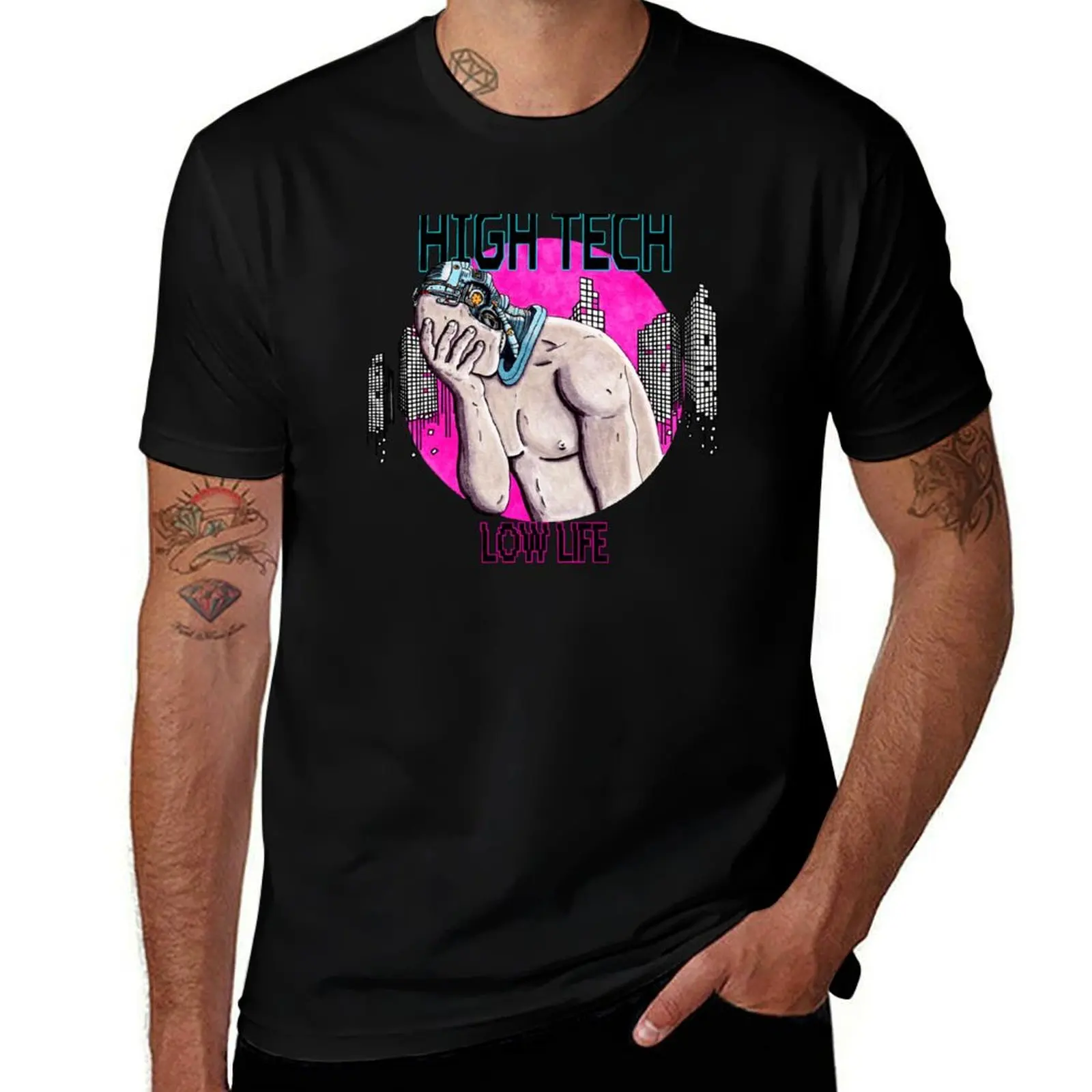 High Tech Low Life Cyborg Cyberpunk T-Shirt Basic Plain Short Sleeve Crew Neck Tee T-Shirt